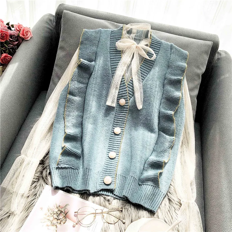 Жилет без рукавов с оборками свитер комплект из двух предметов версия свободного