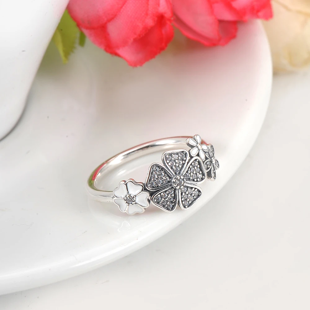 LZESHINE обручальные 925 пробы Серебряные кольца ААА циркония и белая эмаль цветок Для