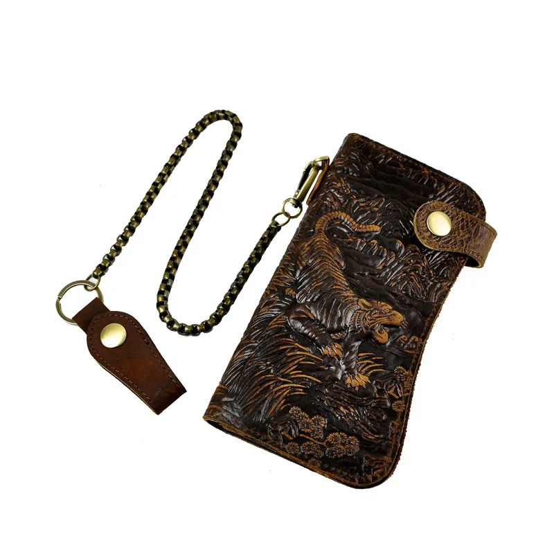 Dark brown tiger Кошелек для мужчин, натуральная кожа, дракон, Воловья кожа, сумка для карт, кошелек, сумка на цепочке, мужская сумка - Цвет: Dark brown tiger