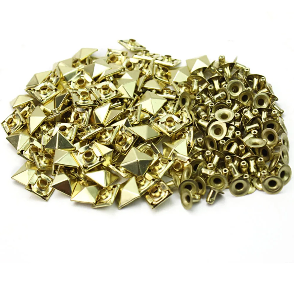 50pcs/Lot 10mm Metal Gold Tone Square Pyramid Rivet Studs Spikes Punk Rock DIY Bags Shoes Clothes Decor Leathercraft New | Дом и сад