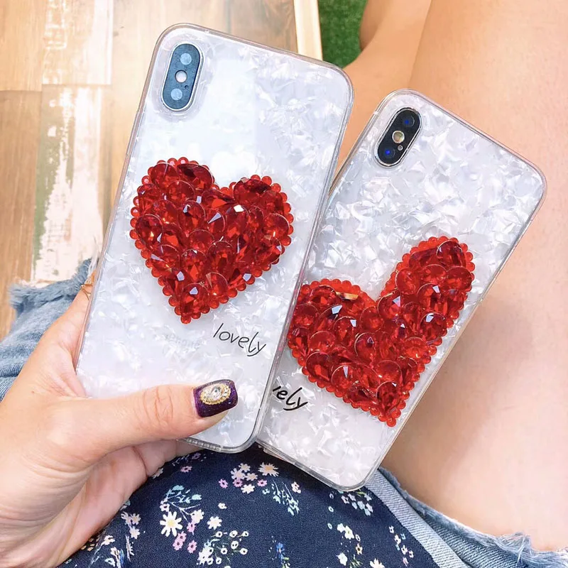 Роскошные раковины Мягкий силиконовый чехол для iPhone X 10 алмаза сердца Rhinestone