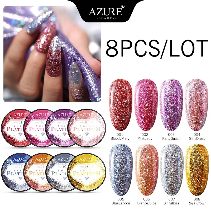 AZURE BEAUTY 8 шт./лот Платиновый УФ лак для ногтей Супер Блестящие Блестки