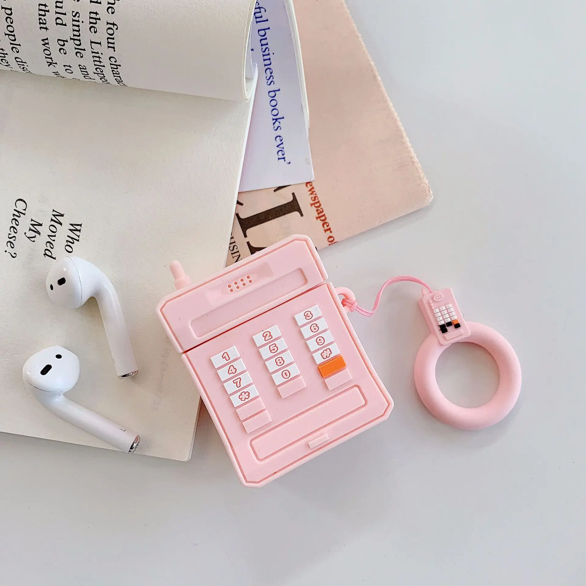 Ретро милый дизайн телефона, мягкий силиконовый чехол для Apple, гарнитура для airpods, гарнитура Air Pods, аксессуары, зарядная коробка, ремешок, чехол - Цвет: Pink Case