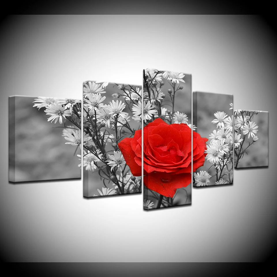 

5 Panels Red Rose Framed Paintings Wall Art Canvas Picture Painting Modern Modular Living Room Decorative Painting Artwork