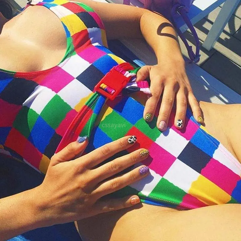 Цельный купальник 2019 женский в полоску с поясом купальный костюм цветными