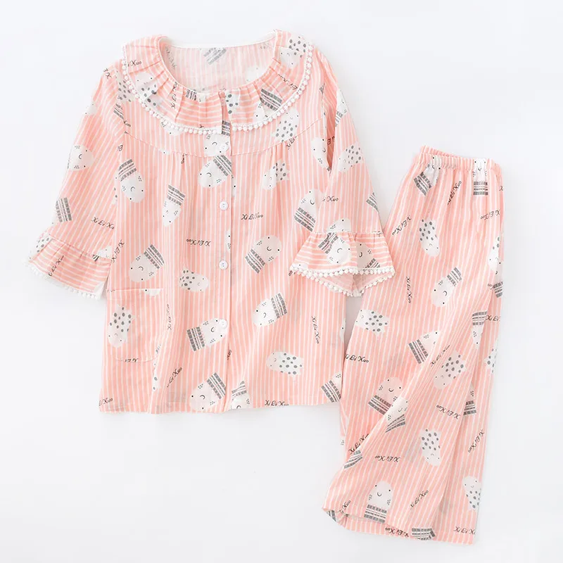 Female Summer Seven-Sleeve Pijama Mujer Pink Pure Cotton Yarn Sleepwear Sexy Pajama Sets Women Korean Cute Sweet Thin Home Suit