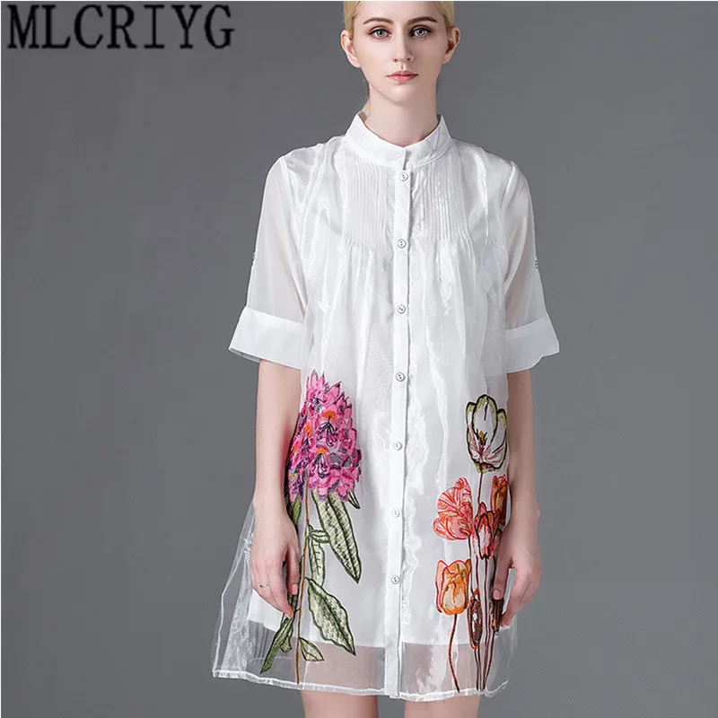 Модное белое платье рубашка из органзы женское свободное мини с вышивкой Летнее