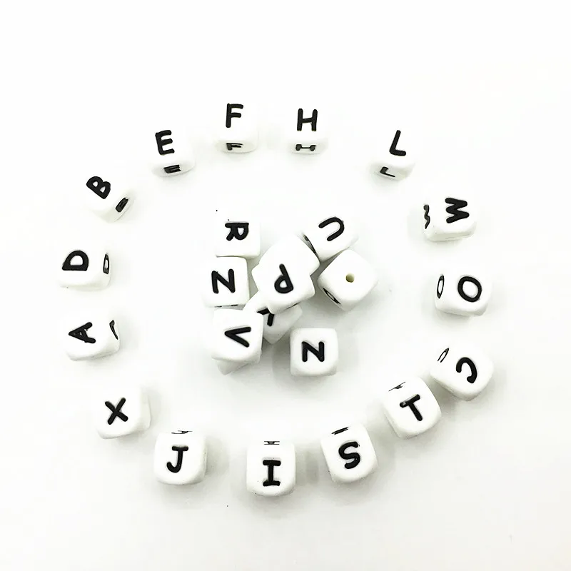 

New 100pcs/lot 12mm Food Grade silicone nursing Bands DIY Silicone necklace teether beads Letter Beads Pendants Accessories