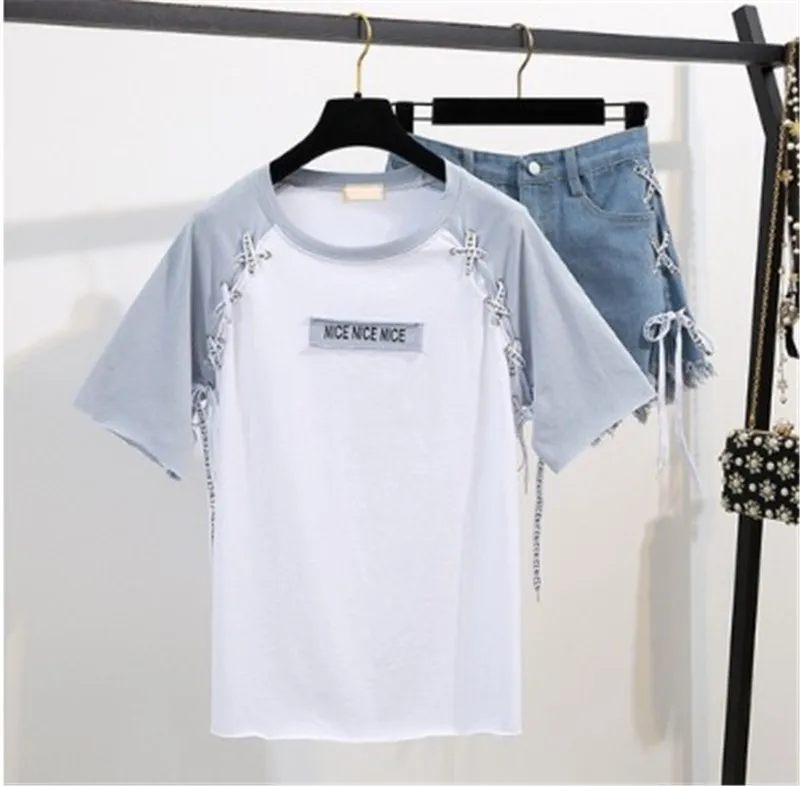 Женская футболка с принтом tether + джинсовая юбка дырками и буквами комплект из