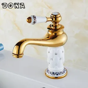 White Ceramic with Diamond/crystal Body Gold Faucet Single Handle Bathroom Basin Gold faucet,Brass Mixer Water Tap DONA4016