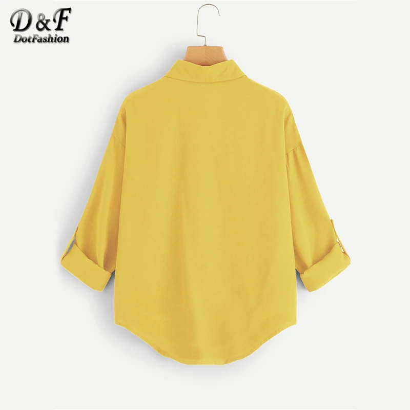 Dotfashion блуза с карманами и пуговицами, Женская Весенняя Повседневная рубашка с отворачивающимися рукавами, женские топы, модные новые блузки