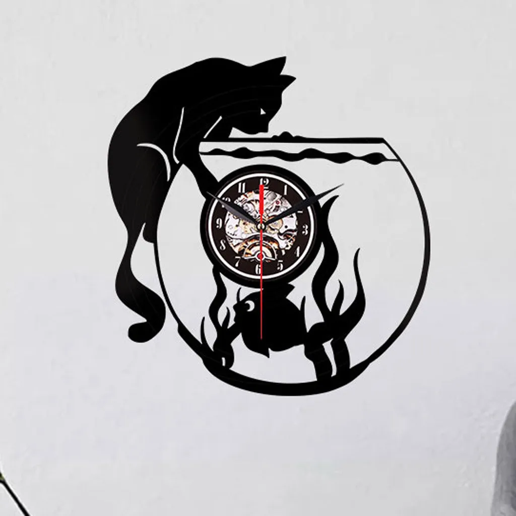 Креативные настенные часы в современном стиле с изображением кошки и рыбы