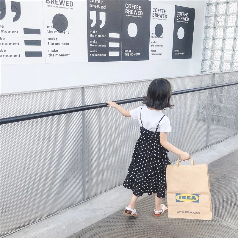 2019 Summer New Arrival korean style cotton all-match short sleeve t-shirt with suspender dot pattern dress for cute baby girls | Детская
