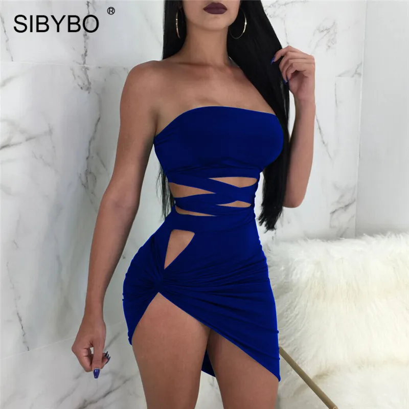 Sibybo, сексуальное Бандажное платье без бретелек с открытыми плечами, женское платье без рукавов, Асимметричное мини-платье, летнее женское платье для ночного клуба, вечерние женские платья