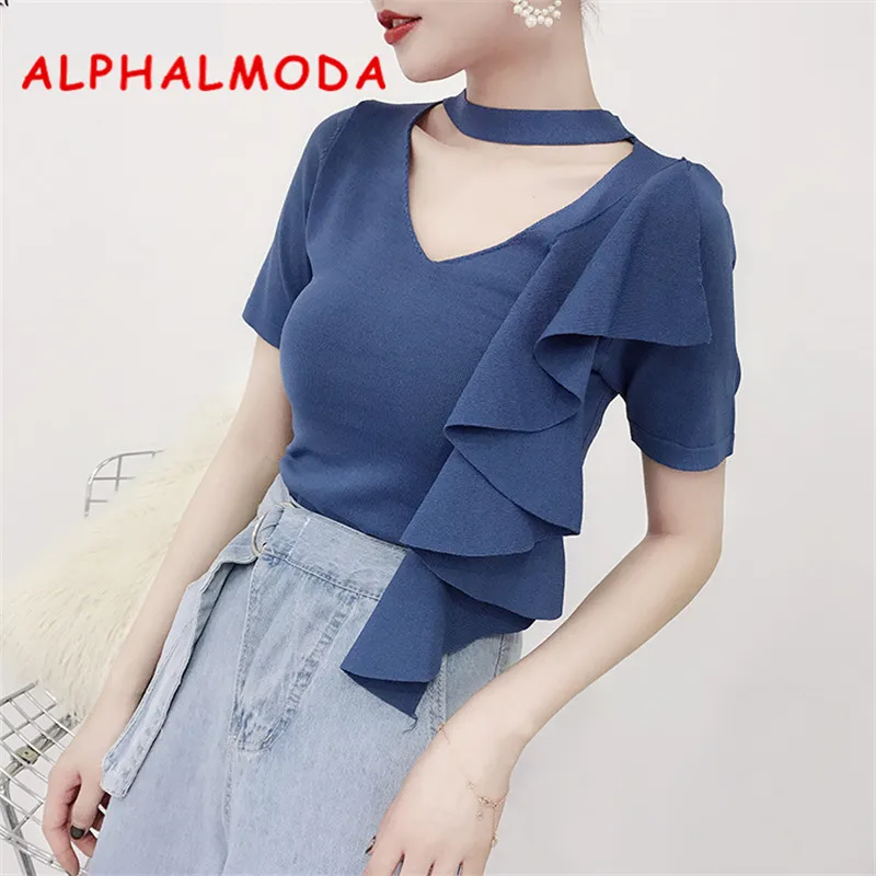 

Женская футболка с оборками ALPHALMODA, вязаная с V-образным вырезом чокер на лето 2018