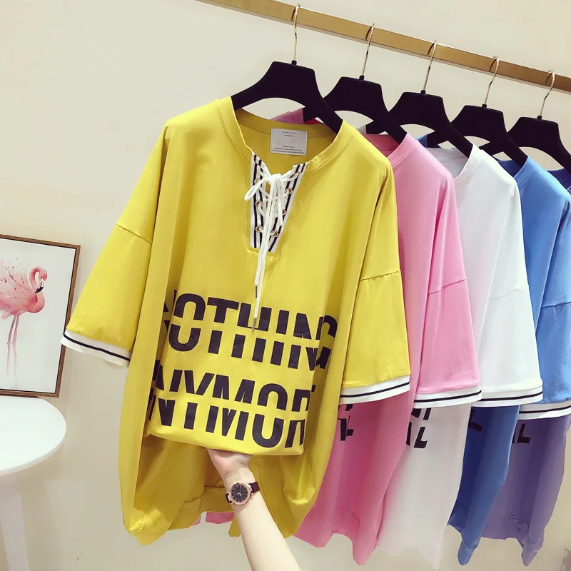 Футболка с надписями Новинка 2019 года сезон лето Корейская свободная футболка