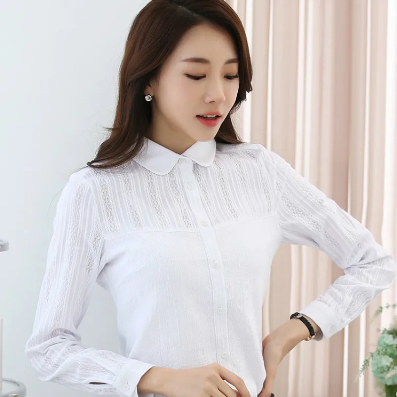 2017 Hollow Out Women Shirts Blouses Floral Embroidery Cotton Shirt Female Tops Long Sleeve Peter Pan Collar Blusas Camisa Mujer |