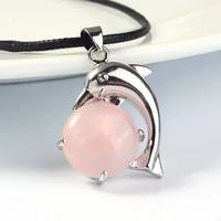 fyjs unique female anniversary jewelry silver plated lovely dolphin natural rose pink quartz pendant rope chain necklace