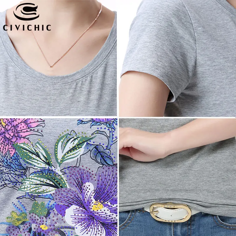 

CIVI CHIC Summer Floral Print Women Slim T-shirt Female Ethnic Short Sleeve Tees Handmade Beads Tops O Neck Cotton Tshirts WST20