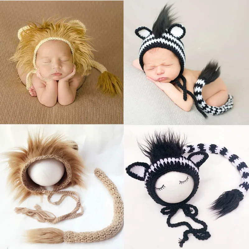 Newborn Photography Props Accessories Baby Photography Clothing Lion Zebra Costumes Lionet Hat+Tail Set Studio Baby Photo Props