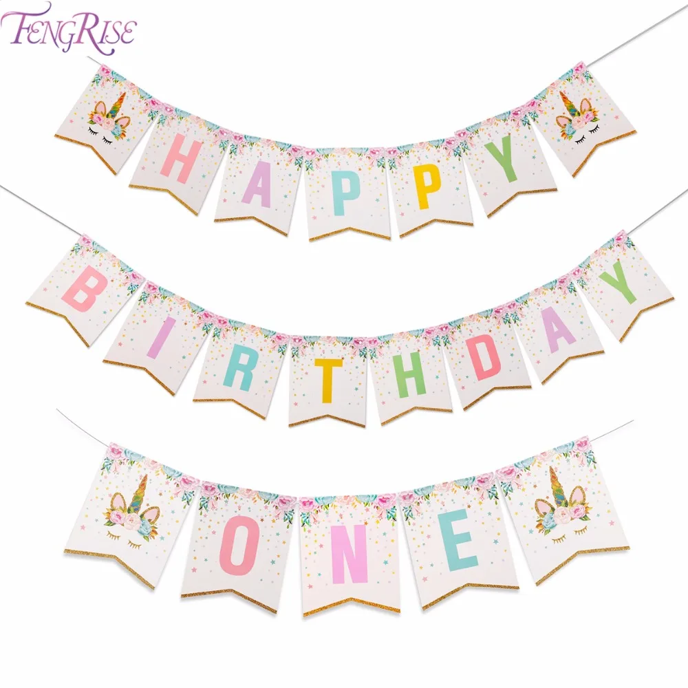 FENGRISE блестящая гирлянда с единорогом на день рождения баннер Я один флажок для