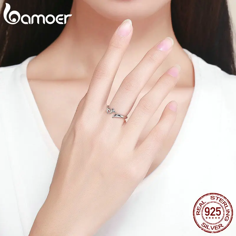 BAMOER, 925 пробы, Серебряное животное, лиса, регулируемые кольца на палец для женщин, открытый размер, лисий хвост, кольцо, Стерлинговое серебро, ювелирные изделия SCR478