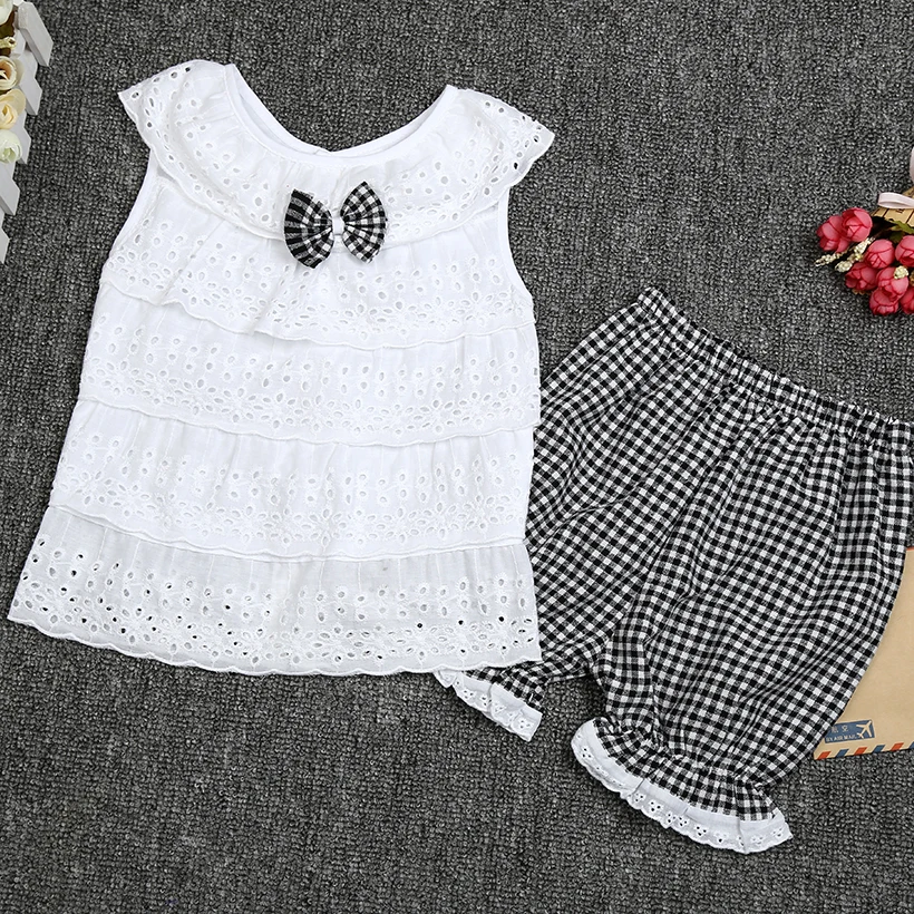 Костюм детский летний кружевной из футболки и шортов в клетку 2 цвета|children girls clothes