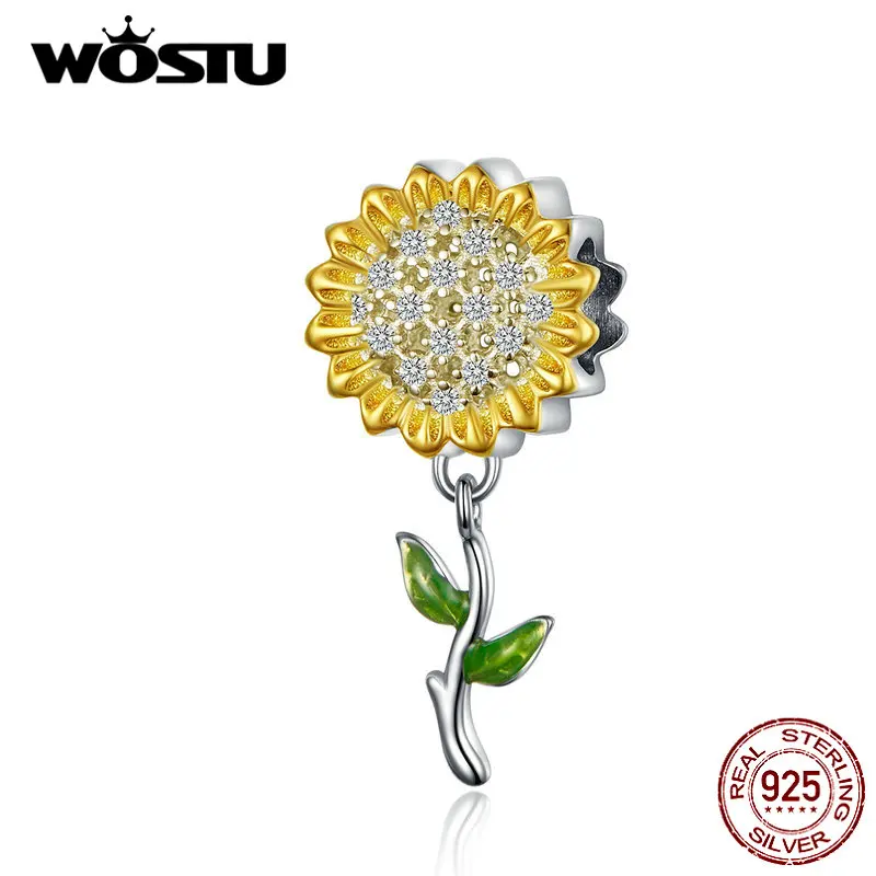 WOSTU желтая эмаль Подсолнух очарование серебряные бусины 925 пробы подходит