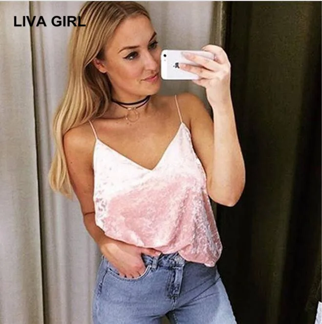 ЛИВА ДЕВУШКА жилет женщин 2017 Летняя мода Рукавов V Шеи Бархат бретели Sexy Партия