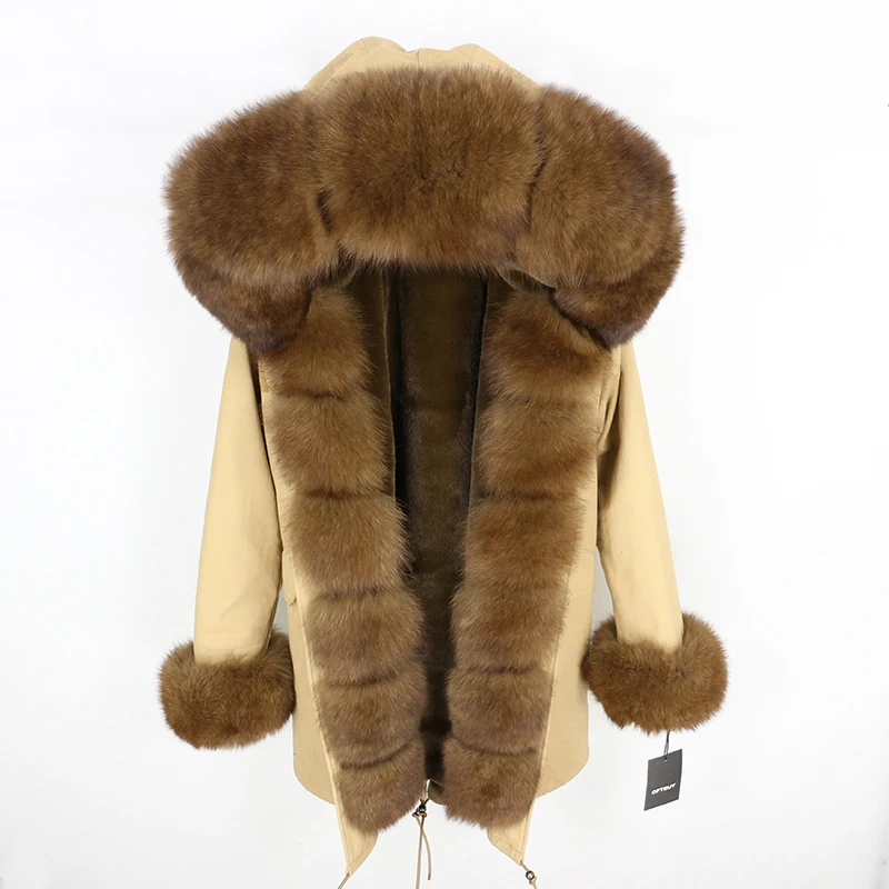 brown dark brown Женская парка с натуральным лисьим мехом OFTBUY, бежевое пальто с отделкой из лисьего меха, свободная длинная парка, верхняя одежда со съемным мехом, зима - Цвет: brown dark brown