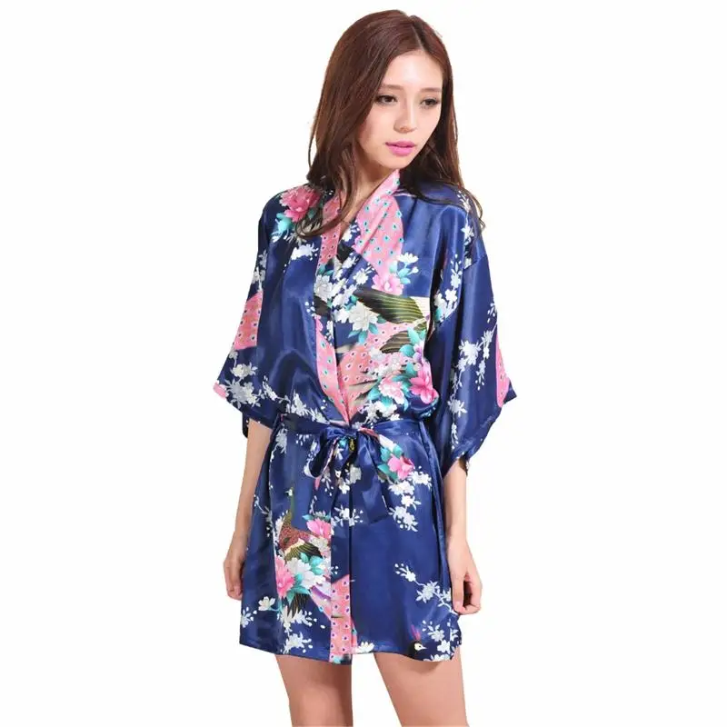 Женское мини платье из шелка и искусственного темно синее банное кимоно пижама