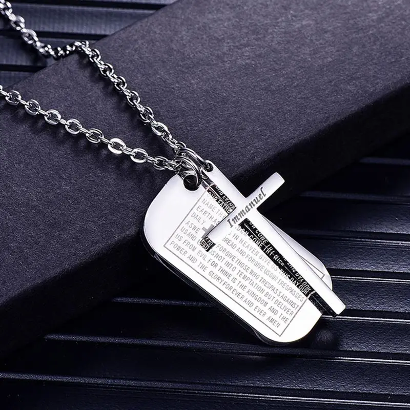ZFVB Jesus Bible Verse Sculpture Cross Necklace Stainless Steel Christian Immanuel Dog Tag Pendants Religion Jewelry | Украшения и