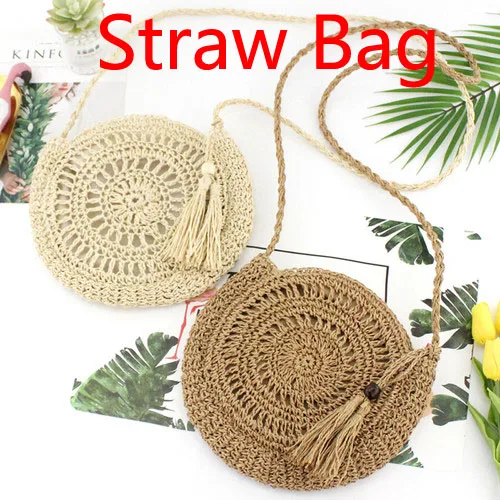 Women Straw Shoulder Bag Beach Style Round Handbag Vintage Tassel Messenger Purse