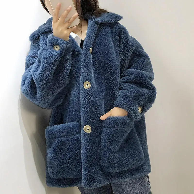 Navy blue Осенне-зимняя куртка из искусственного меха ягненка, женская теплая утепленная куртка с длинным рукавом, женская Свободная куртка из овечьей шерсти, верхняя одежда, пальто с мехом для женщин, Q1724 - Цвет: Navy blue