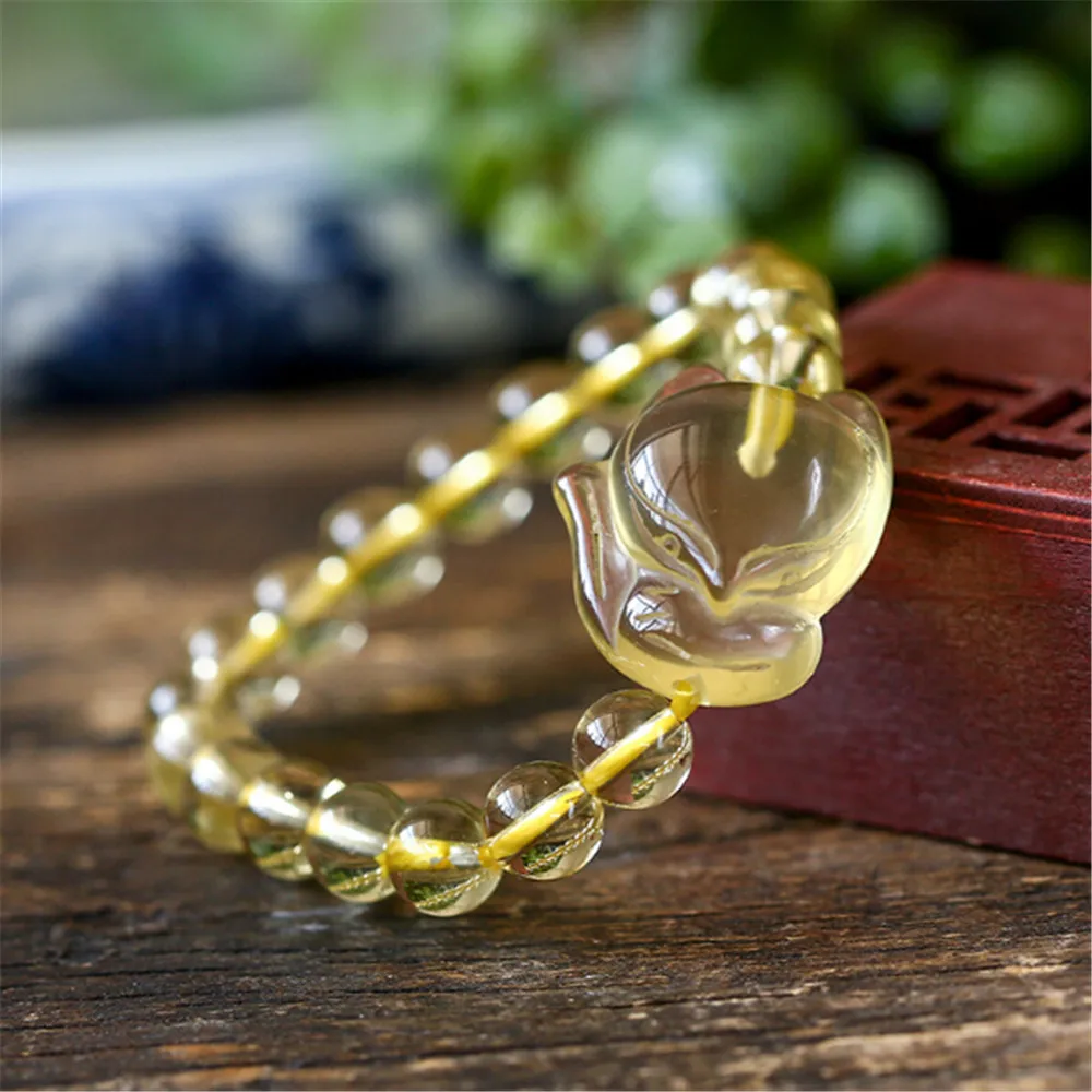 

New Arrival Natural Lemon Yellow Crystal Beads Cute Fox Charm Bracelet for Fashion Ladies DIY Single Circle Bracelets Dropship