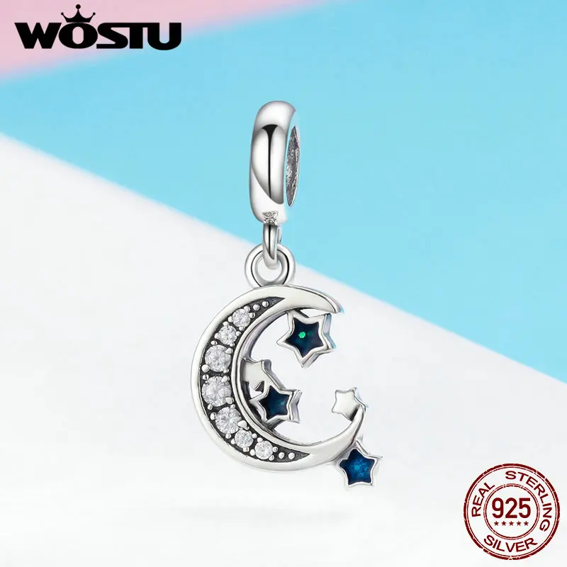 WOSTU 100% Стерлинговое Серебро 925 пробы звездное небо луна и звезды болтается шарм