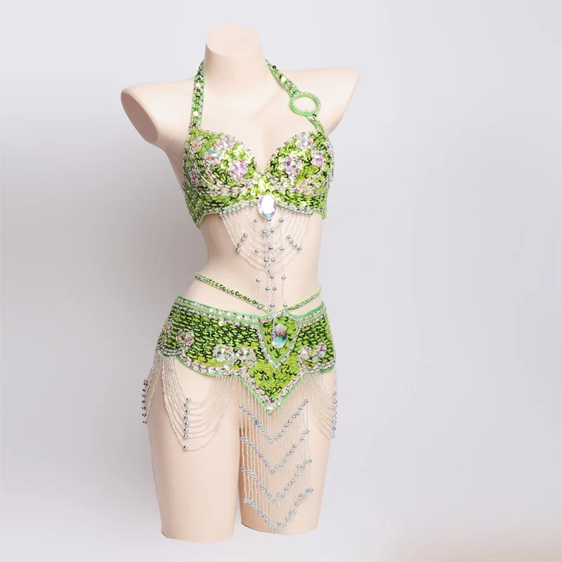 LIGHT Green Лидер продаж, Женский комплект для танца живота, костюм, одежда для танца живота, сексуальный ночной танец, танец живота, карнавальные топы, цепочка, бюстгальтер, пояс, WY7107 - Цвет: LIGHT Green