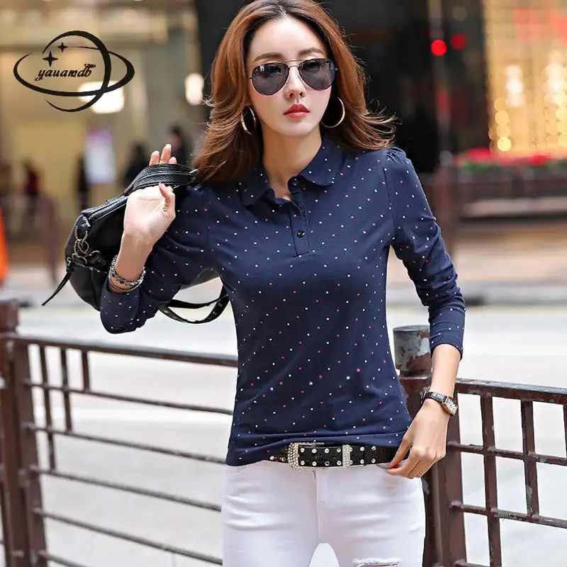 Женская хлопковая рубашка поло с длинным рукавом принтом|women polo shirt|women poloshirt women |