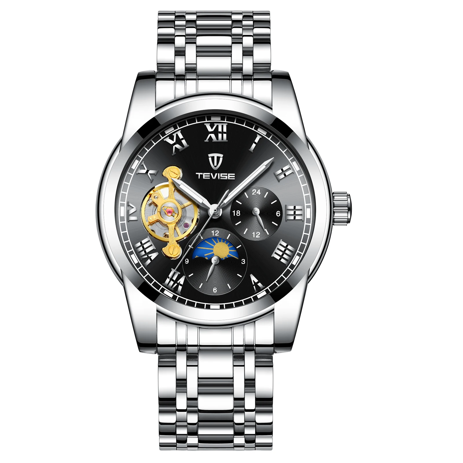 

Top Brand Business Automatic Men Mechanical Clock 3ATM Waterproof Full Steel Man Relogio Musculino Moon Phase Wrist Watch