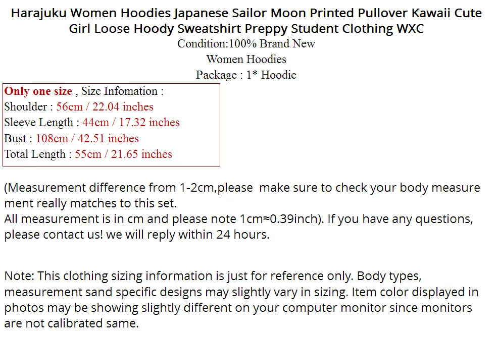 

Harajuku Women Hoodies Japanese Sailor Moon Printed Pullover Kawaii Cute Girl Loose Hoody Sweatshirt Preppy Student Clothing WXC