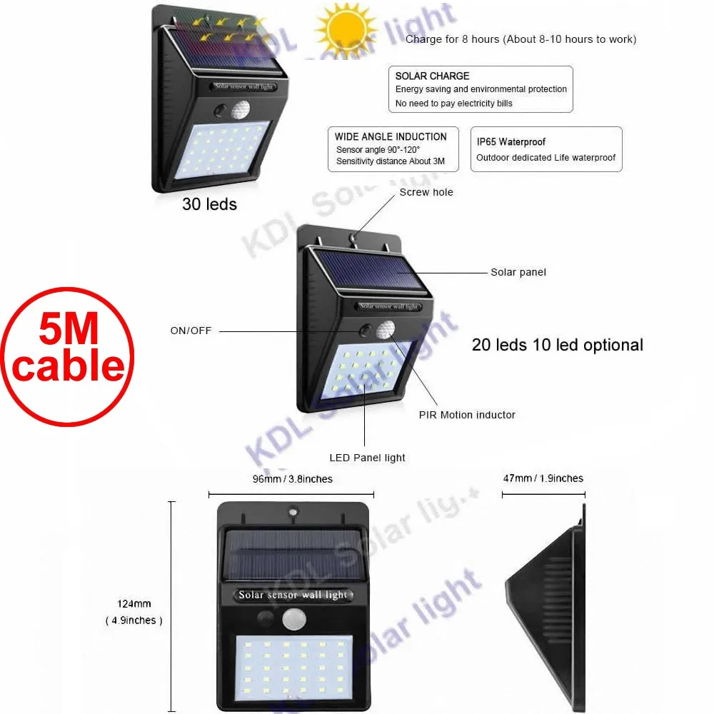 30 светодиодов Солнечный свет Светодиодная лампа сплит панель движения rader