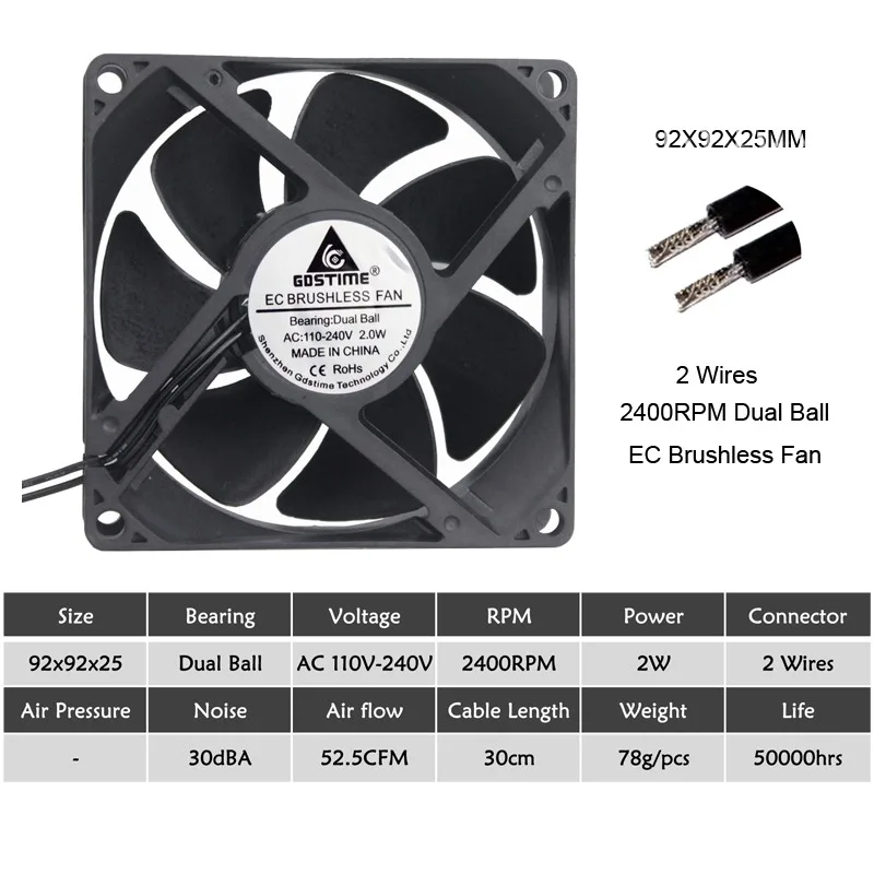 Ball 92x92x25mm Gdstime EC Бесщеточный вентилятор охлаждения переменного тока 110 в 120 в 220 в 240 В шарикоподшипник осевой вентилятор 60 мм 80 мм 90 мм 120 мм - Цвет лезвия: Ball 92x92x25mm
