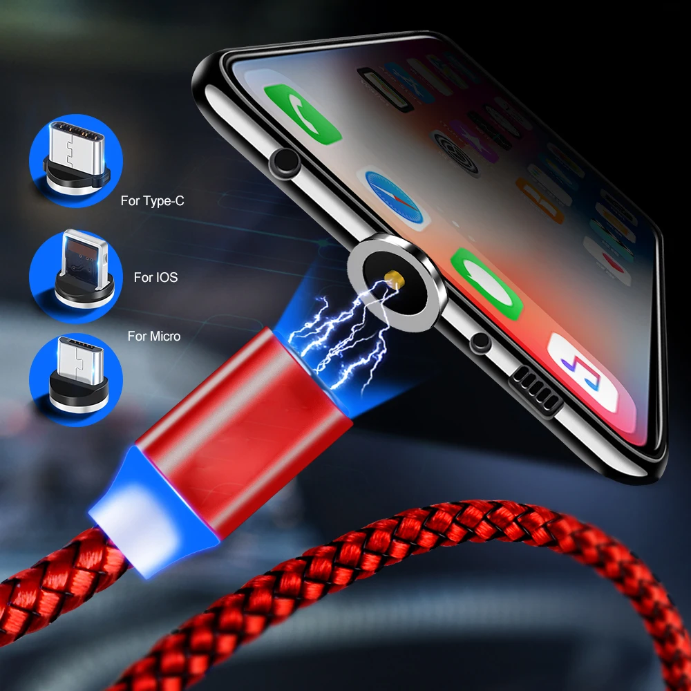 Светодиодный магнитный кабель для Lightning Micro USB Type C телефонный iPhone X Xr Xs Max 1 м 2A