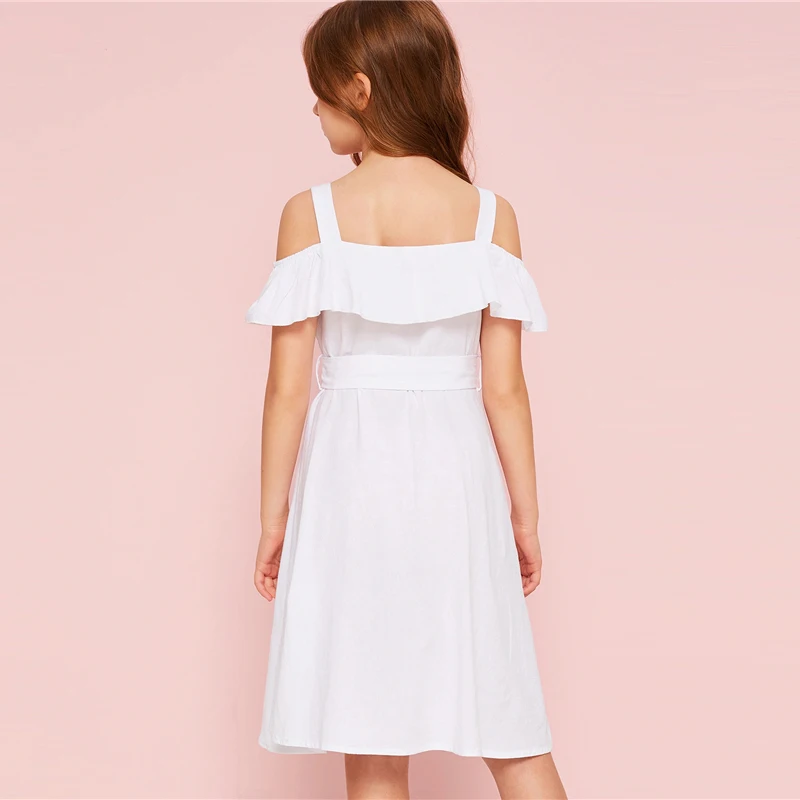 SHEIN/Детское платье-рубашка в стиле бохо с открытыми плечами и рюшами, с поясом г., милое летнее платье до колена на пуговицах спереди, с высокой талией