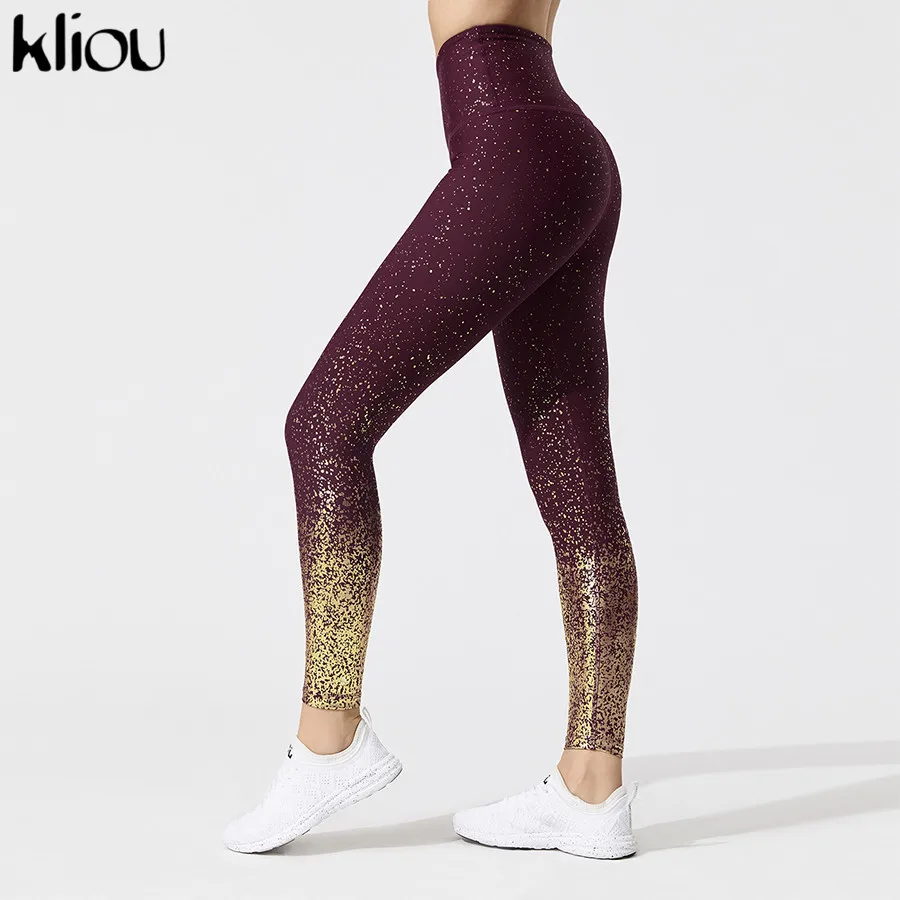 kliou Новые женские длинные облегающие эластичные однотонные леггинсы с блестящим принтом на высокой талии спортивные штаны