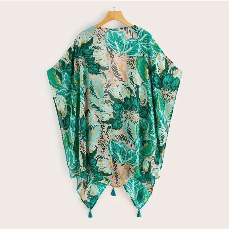 SHEIN Асимметричное Кимоно С Бахромой И Графическим Принтом Многоцветное Кимоно С Рукавами Летучая Мышь