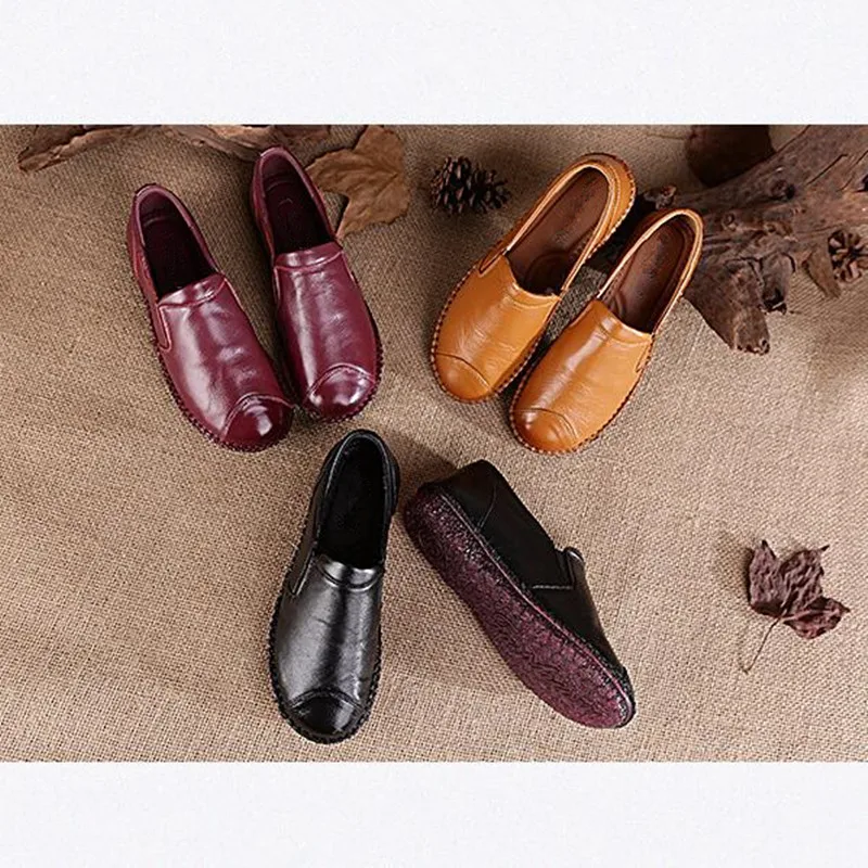 

2019 Spring New Retro Cowhide Leather Shoes Woman Non-slip Breathable Women Flat Shoes Deep Mouth Fashion Casual Women Flats