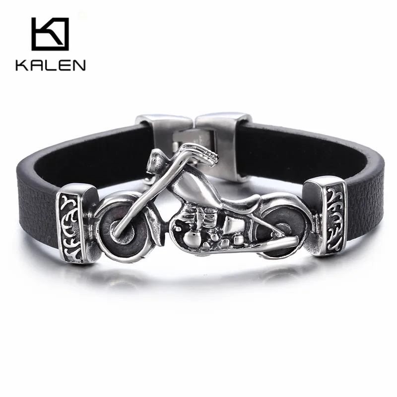 Kalen New Unique Male Jewelry Stainless Steel Motorcycle Charm Bracelet Rock Punk Durable Leather Bracelets Cheap Cool Gift