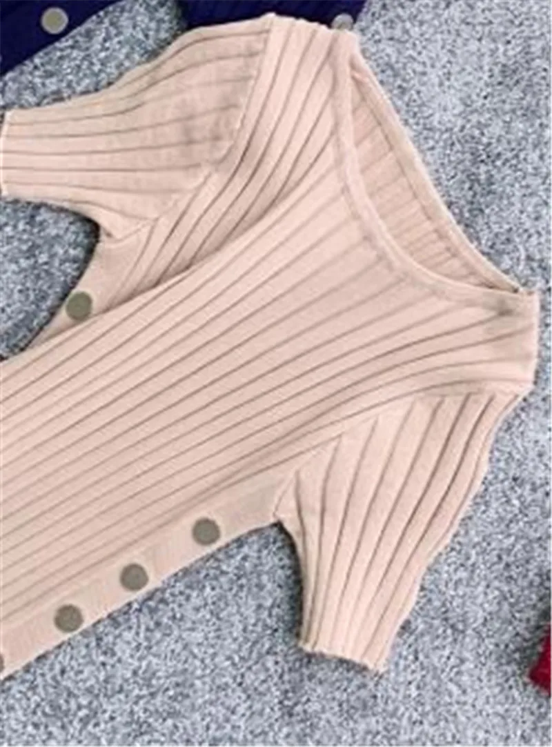 Beige MVGIRLRU однотонное облегающее платье с круглым воротником и коротким рукавом для женщин, с боковыми пуговицами, Облегающее вязаное платье - Цвет: Beige
