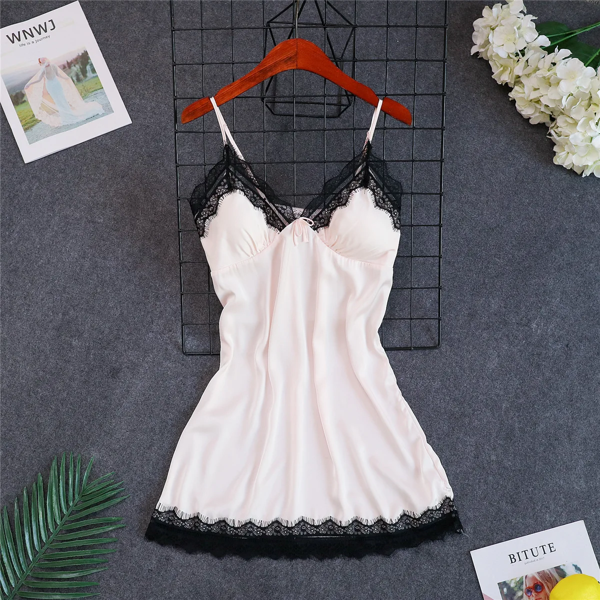 Сексуальная розовая Женская шелковистая Пижама для сна топ Ночная Рубашка